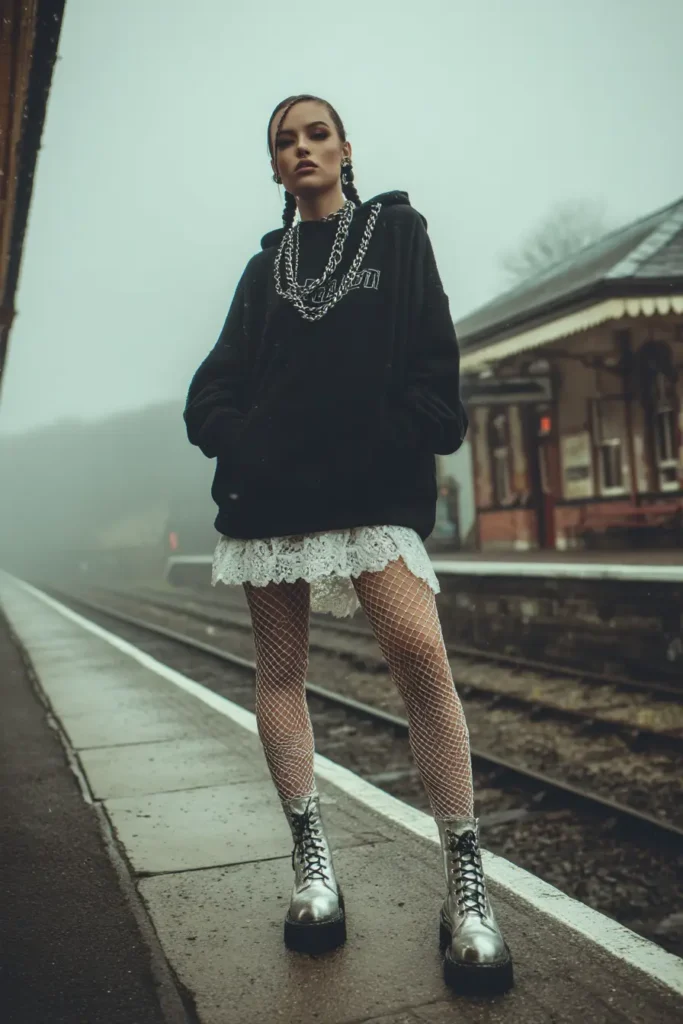 #15. Oversized Hoodie with Lace Mini Skirt and Metallic Combat Boots