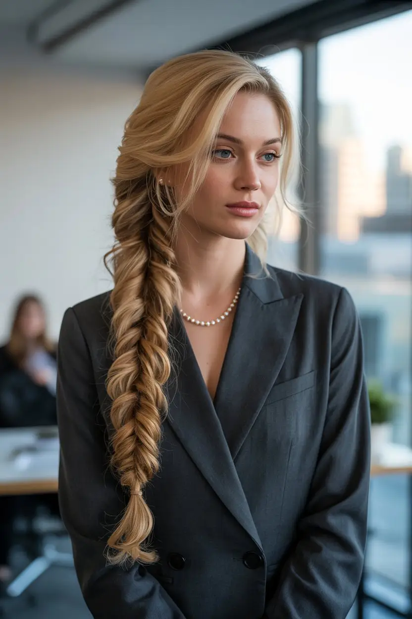 19 Polished Office Hairstyles: Sleek Looks That Mean Business 16 #15. The Executive-Friendly Fishtail Braid
