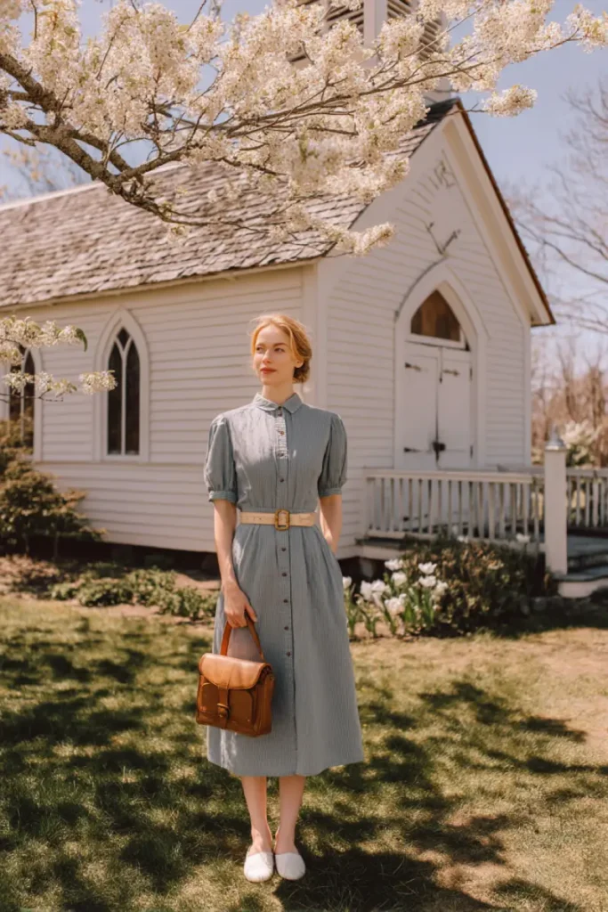 20 Graceful Church Outfit Ideas: Chic and Respectful Styles to Inspire 17 #16. Blue Button-Down Midi with Belt – Graceful Heritage in Bloom