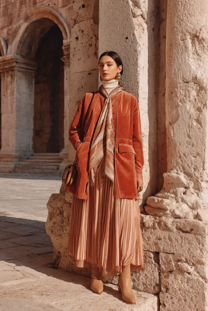 #16. Burnt Orange Velvet Oversized Blazer with Pleated Maxi Skirt and Scarf