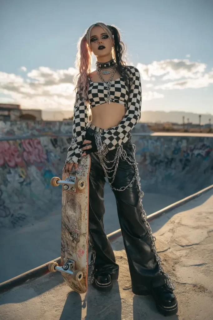 16. Checkerboard Crop Top with Chain Draped Leather Pants