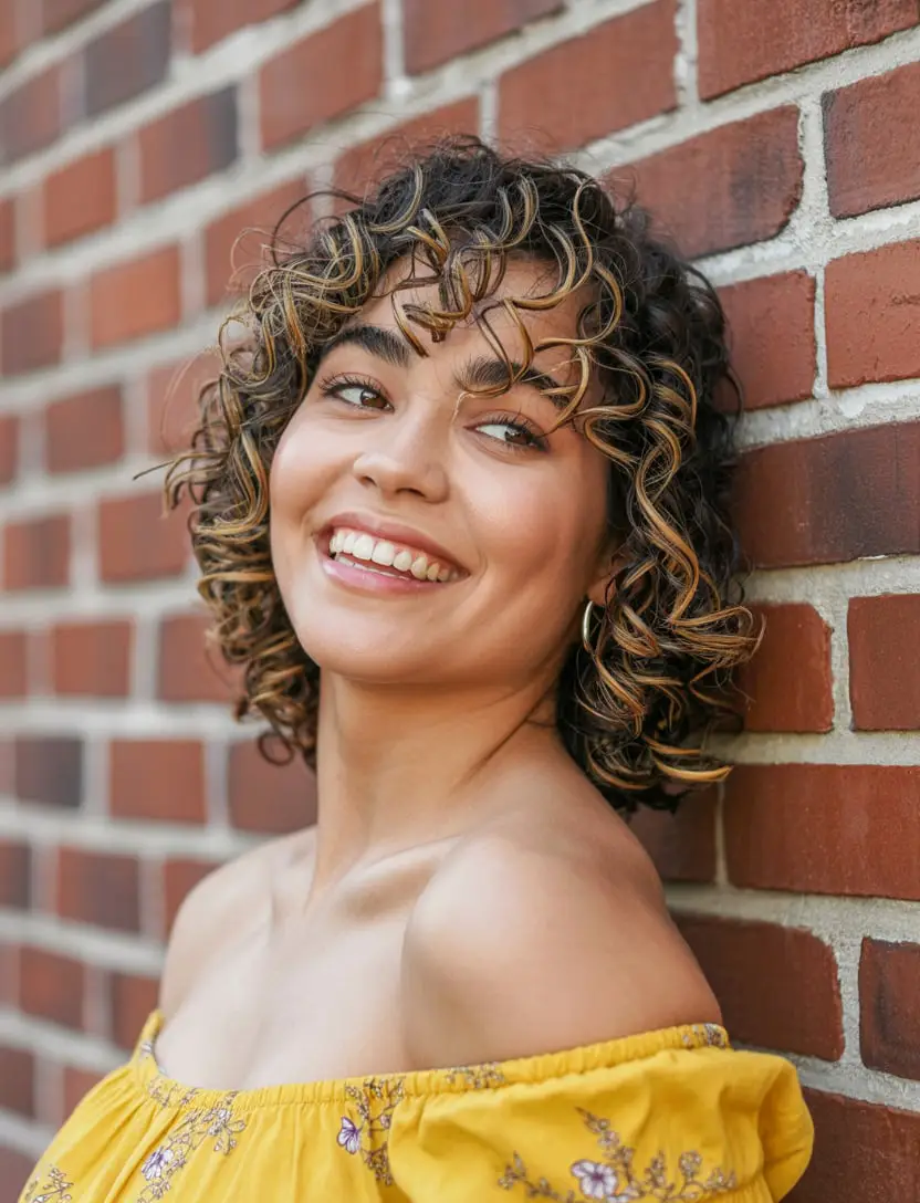 #16. Curly Espresso Bob with Honey Highlights