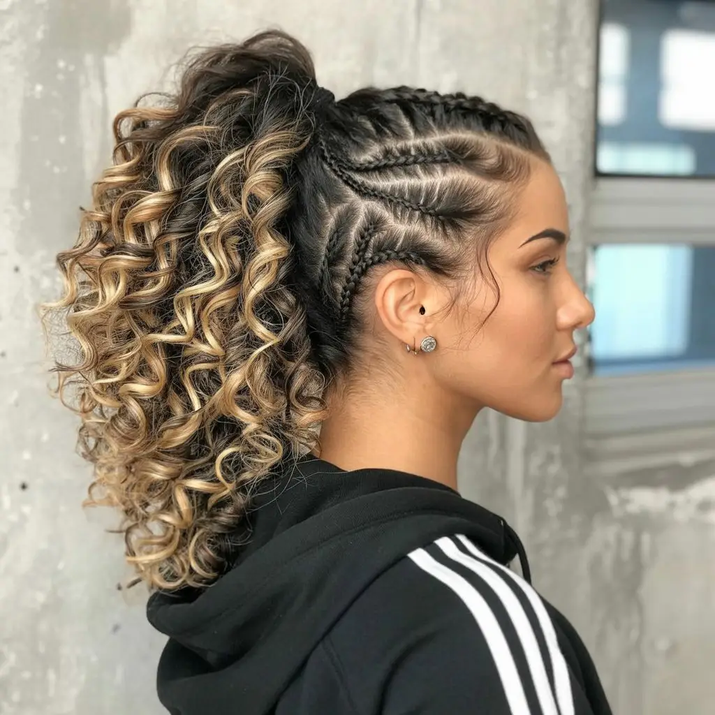17 Sporty Curly Lacrosse Hairstyles: Game-Ready Looks with Flair 17 #16. Curly Ponytail with Precision Cornrows