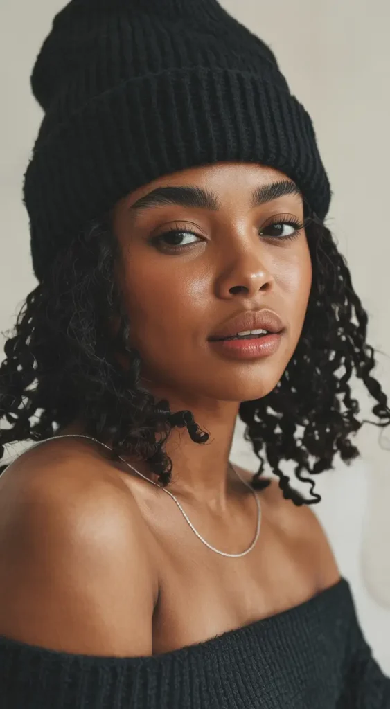 20 Chic Beanie Hairstyles: Fashionable Pairings for Cold-Weather Days 17 #16. Defined Curls with Classic Black Beanie