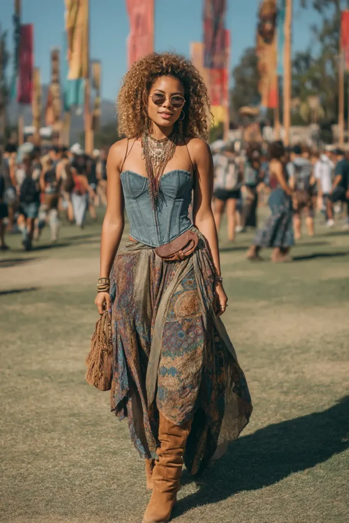 #16. Denim Corset with Paisley Wrap Skirt and Suede Boots