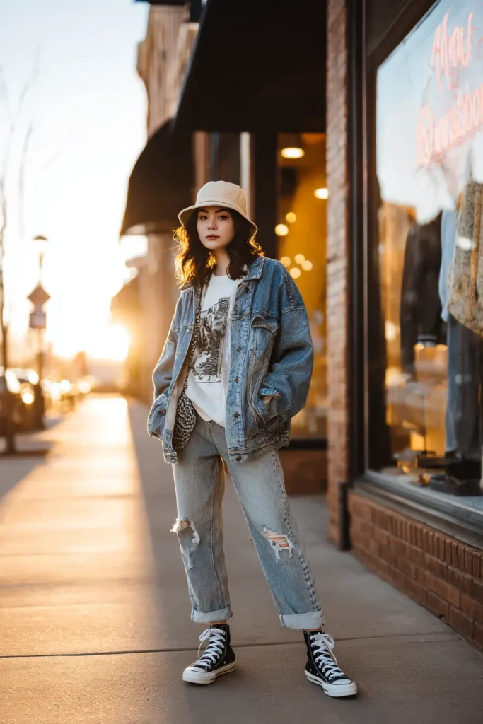 #16. Oversized Denim Jacket with Ripped Jeans and Bucket Hat