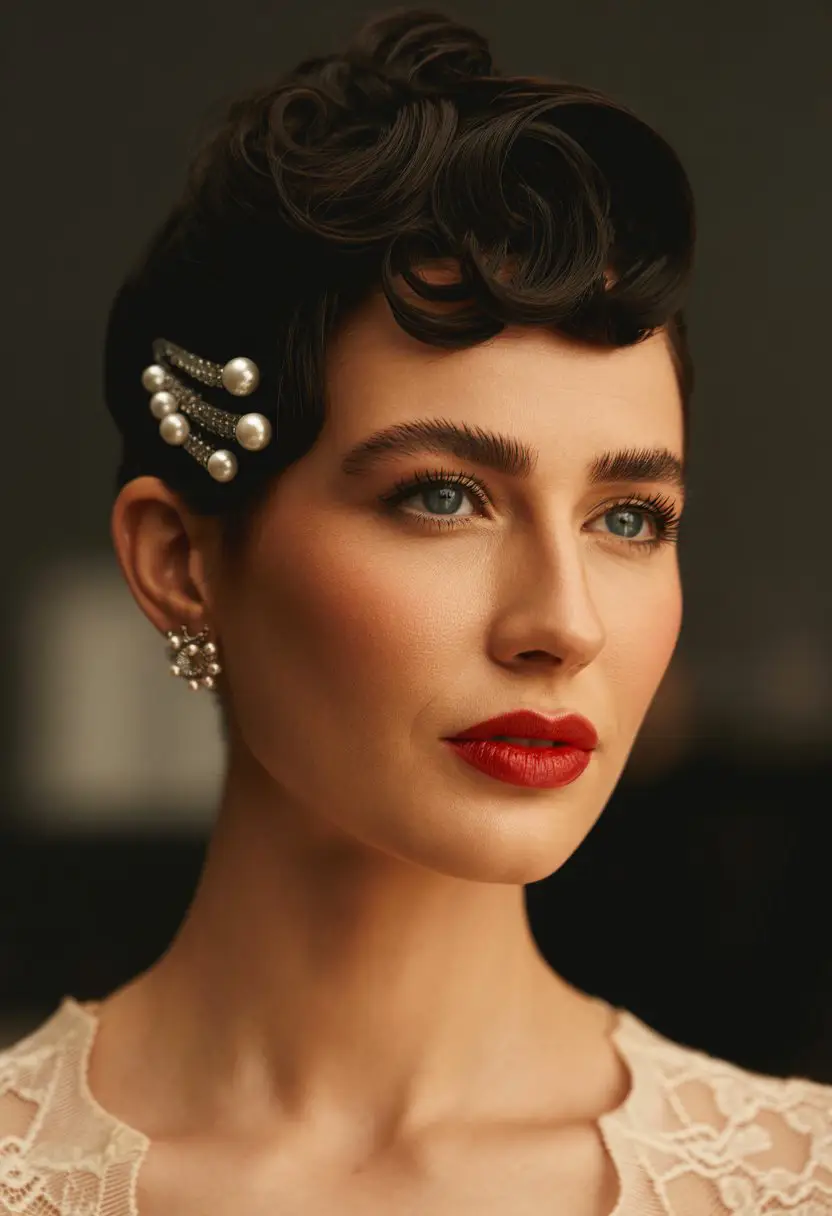 20 Playful Pixie Hairstyles: Flirty and Fun Looks for a Fresh Vibe 17 #16. Pearl-Pinned Retro Pixie with Sculpted Curls