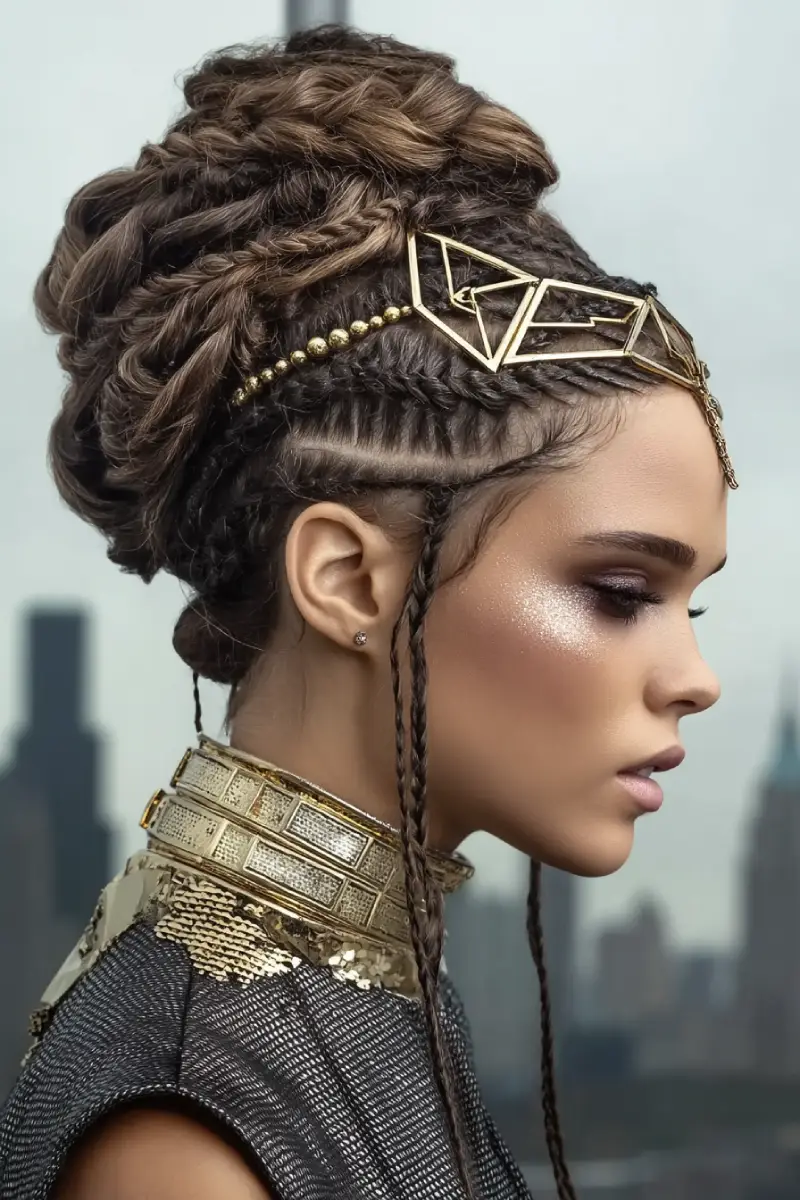 21 Sleek Rainy-Day Hairstyles: Easy Ways to Tame the Frizz 17 #16. Sculpted Braided Crown with Geometric Gold Detail