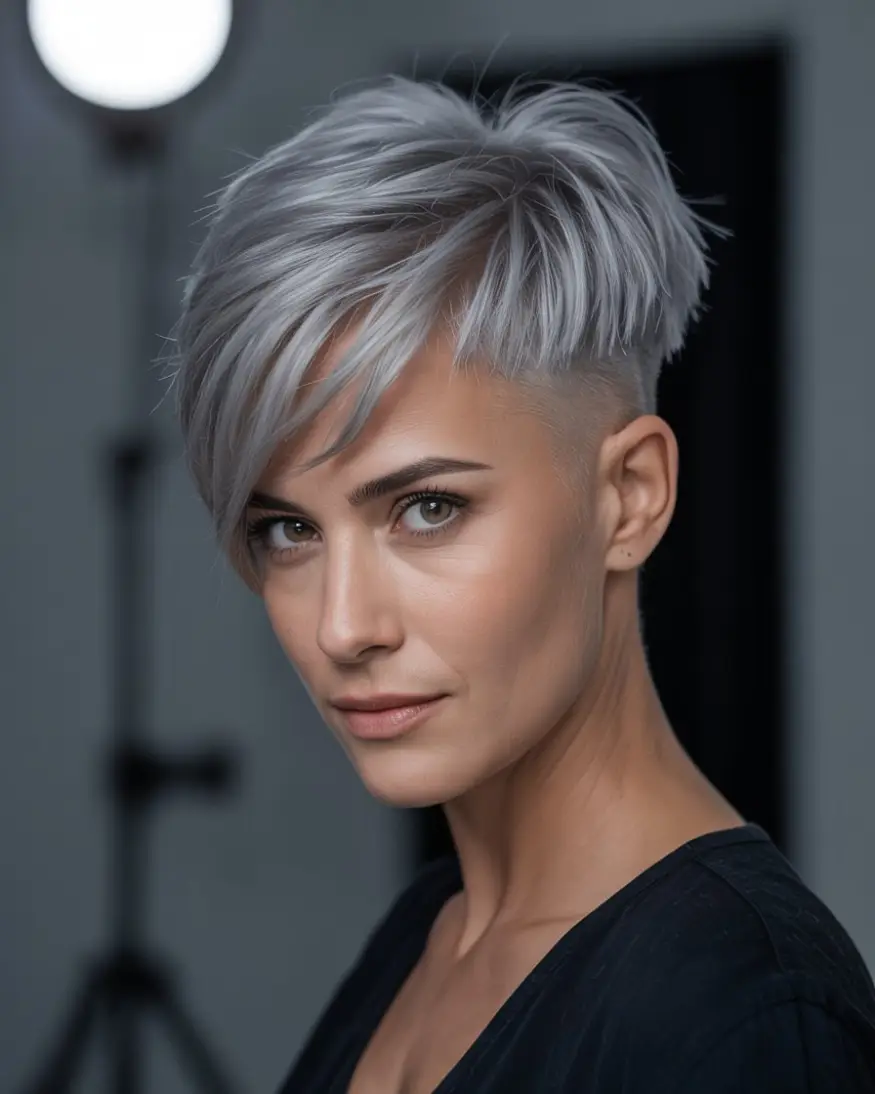 20 Timeless Salt & Pepper Hairstyles: Classic Styles with a Modern Twist 17 #16. Silver Pixie with Disconnected Undercut