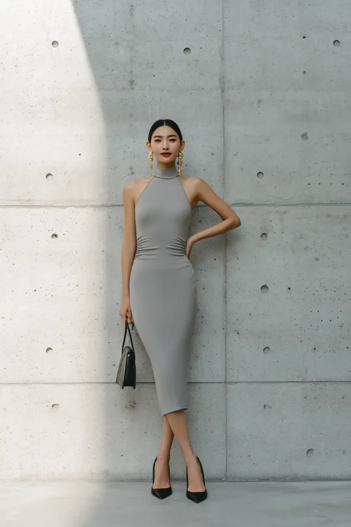 #16. Slate Gray Halter Midi Dress with Black Accessories