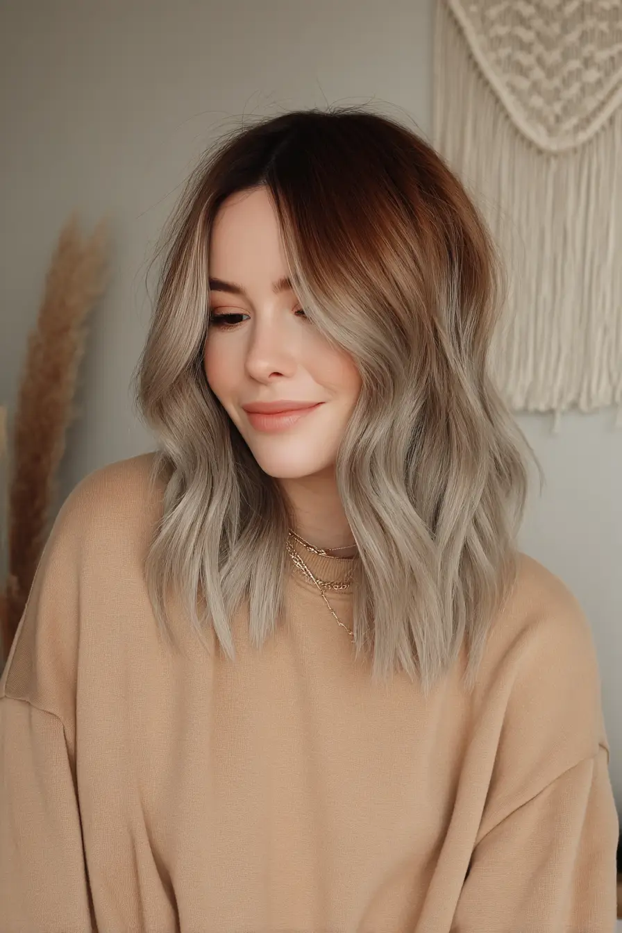 24 Striking Brown Hair with Silver Highlights Ideas: Sophisticated Looks to Refresh Your Style 17 #16. Soft Brown Melt with Dusty Silver Ends
