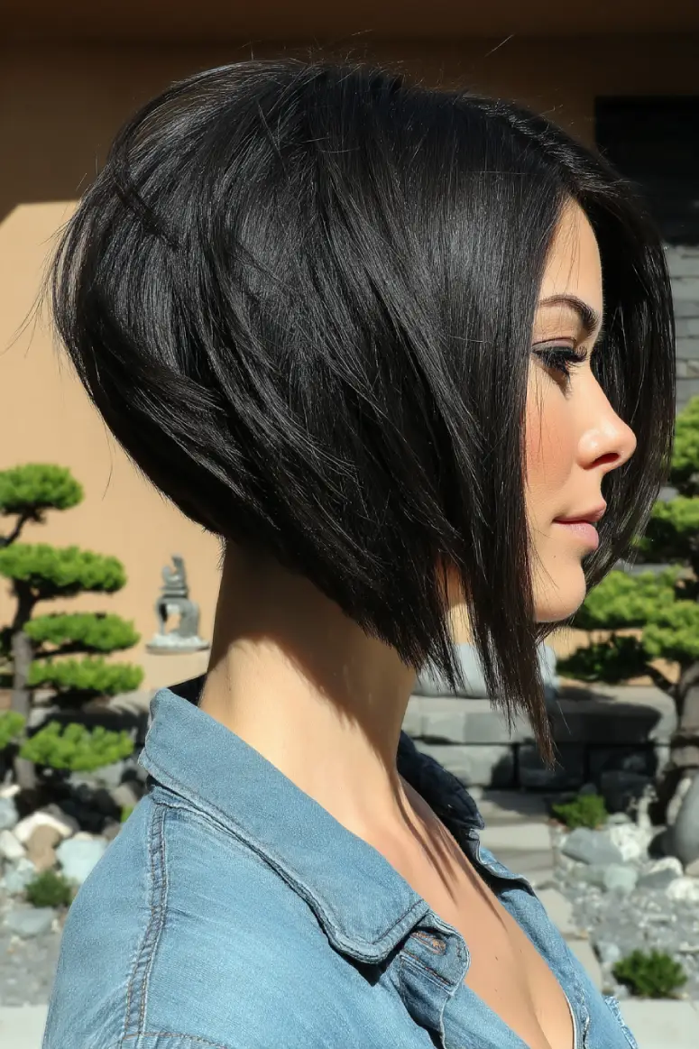 21 Chic Short Layered Hairstyles: Modern Cuts for a Fresh, Youthful Vibe 17 #16. Stacked A-Line Bob with Glossy Jet Black Finish