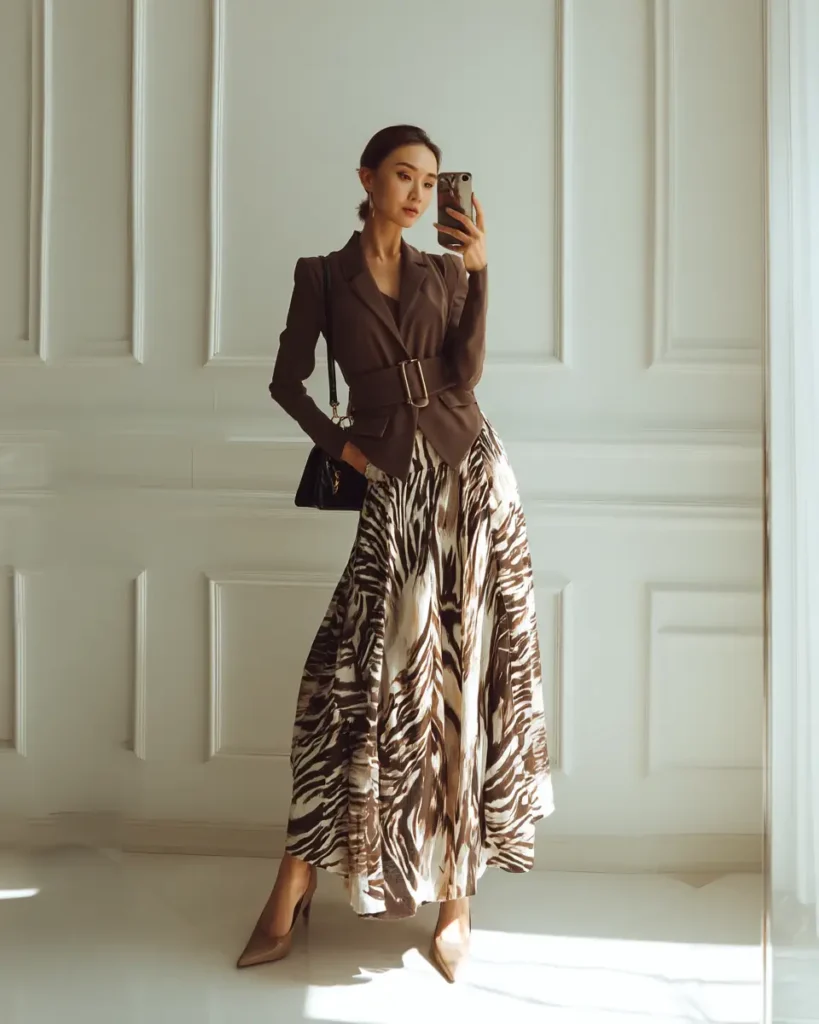 #16. Structured Belted Blazer with Flowing Zebra Maxi Skirt