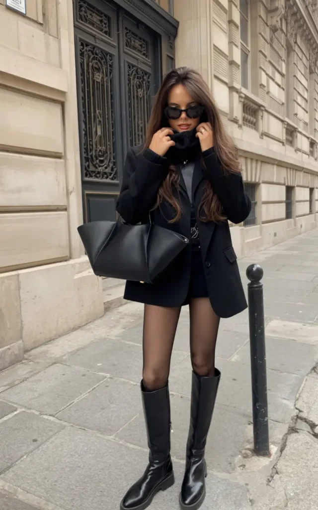 #16. Structured Black Blazer with Tights, Shorts, and Knee-High Boots