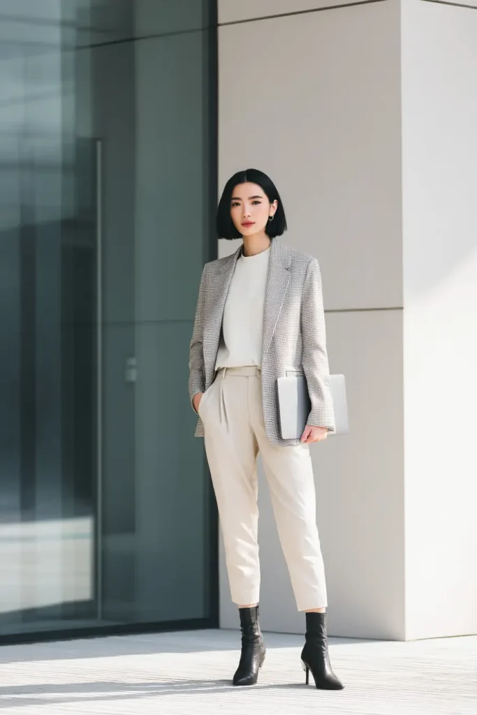 #16. Tailored Houndstooth Blazer with Cream Trousers and Black Ankle Boots