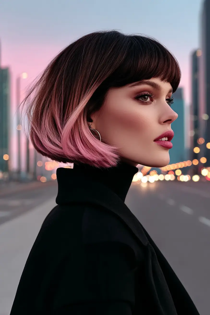 #17. Blunt Bob with Pink Ombre Ends and Rounded Bangs