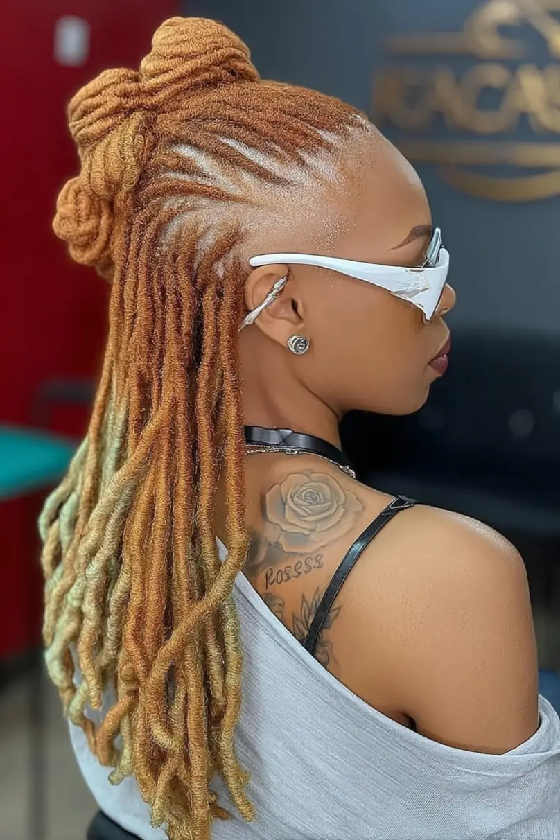 19 Creative Locs Hairstyles: Statement-Making Styles to Try Now 18 #17. Copper Locs Half-Up Twist with Tapered Fade