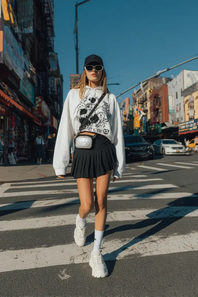 #17. Graphic Hoodie with Pleated Mini Skirt and Chunky Sneakers