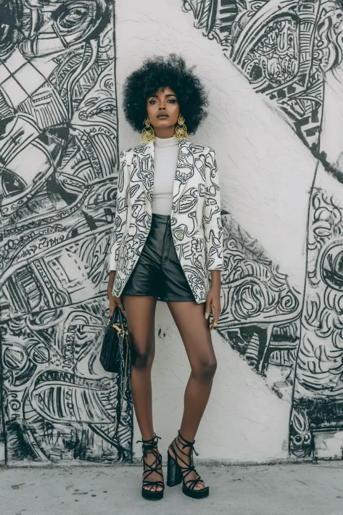 #17. Graphic Print Oversized Blazer with Leather Shorts and Lace-Up Heels