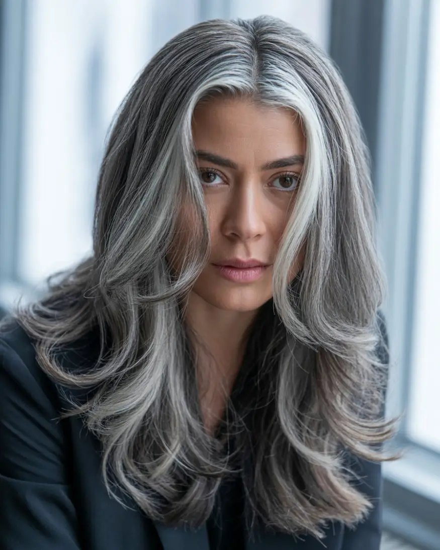 20 Timeless Salt & Pepper Hairstyles: Classic Styles with a Modern Twist 18 #17. Long Layers with Silver Money Piece