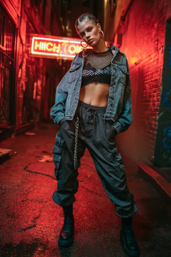 #17. Mesh Crop Top with Utility Cargo Pants and Oversized Denim Jacket