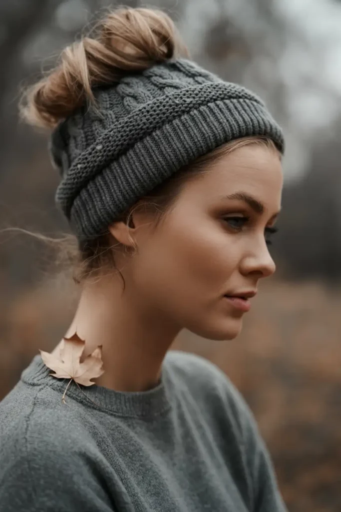 20 Chic Beanie Hairstyles: Fashionable Pairings for Cold-Weather Days 18 #17. Messy Bun with Cable-Knit Beanie Charm
