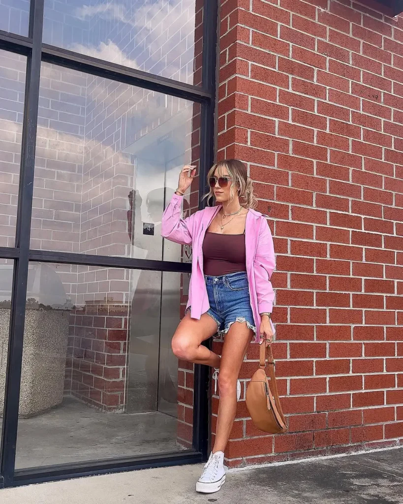 #17. Pink Overshirt with Brown Tank, Distressed Denim Shorts, and White Sneakers
