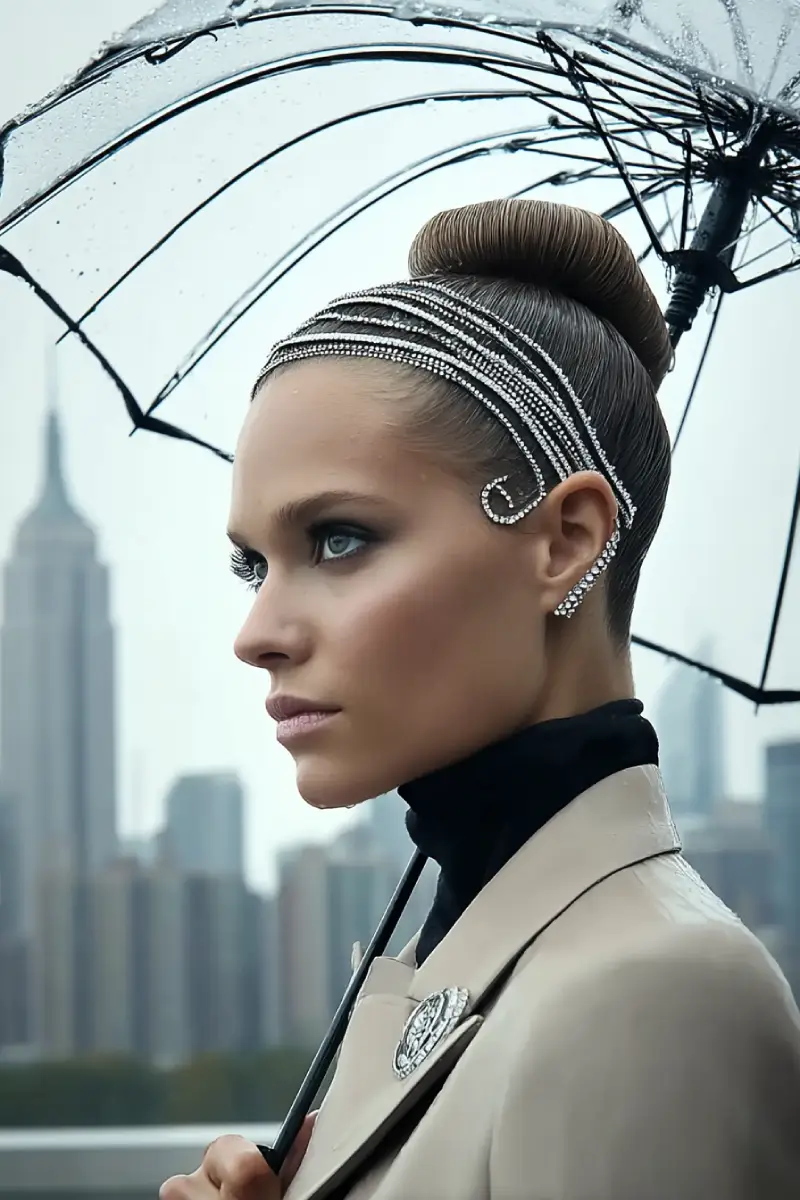 21 Sleek Rainy-Day Hairstyles: Easy Ways to Tame the Frizz 18 #17. Sleek Ballerina Bun with Rhinestone Side Wrap