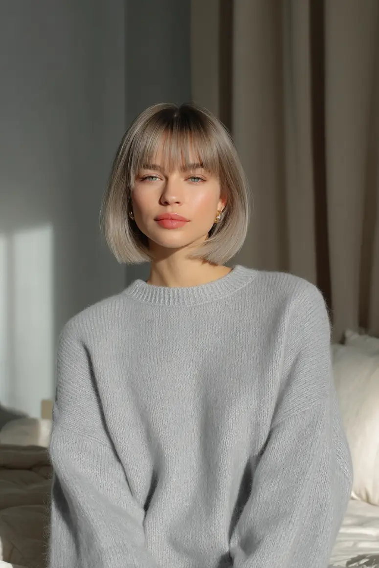21 Chic Short Layered Hairstyles: Modern Cuts for a Fresh, Youthful Vibe 18 #17. Sleek Silver Bob with Blunt Bangs