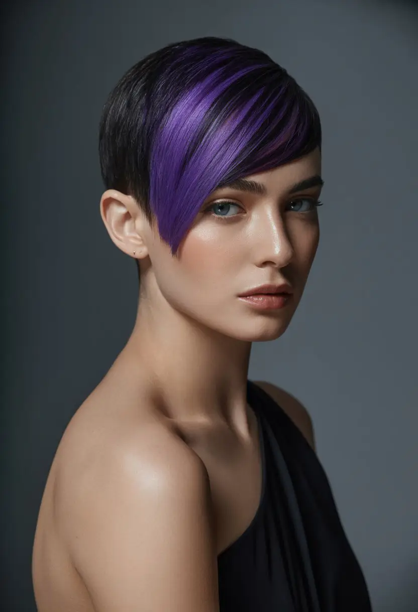 20 Playful Pixie Hairstyles: Flirty and Fun Looks for a Fresh Vibe 18 #17. Sleek Violet Pixie with Angled Fringe
