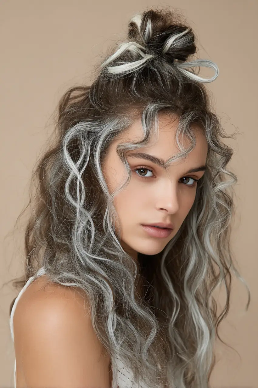 24 Striking Brown Hair with Silver Highlights Ideas: Sophisticated Looks to Refresh Your Style 18 #17. Twisted Half-Up Curls with Frosted Silver Accents