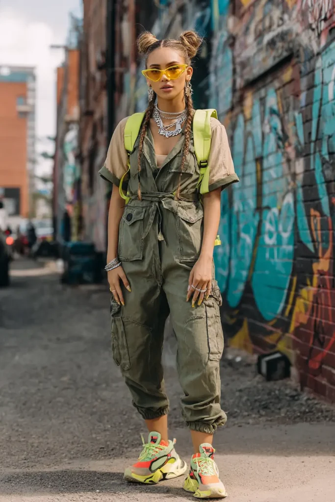 #17. Utility Jumpsuit with Neon Sneakers and Chunky Chains