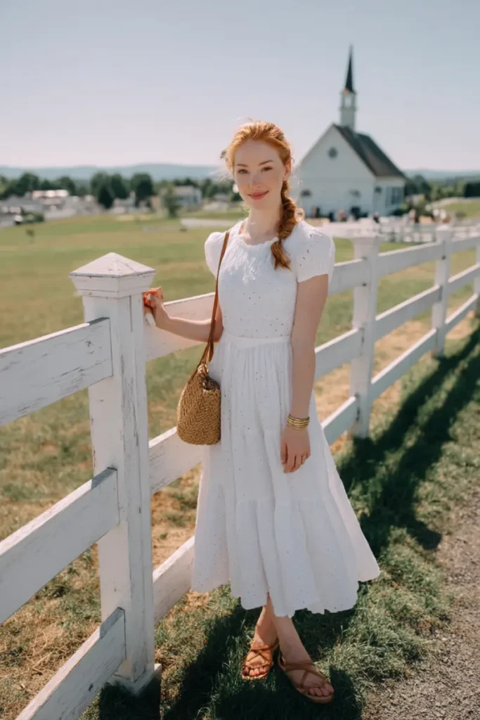20 Graceful Church Outfit Ideas: Chic and Respectful Styles to Inspire 18 #17. White Eyelet Cotton Midi – Pure Simplicity for Countryside Worship