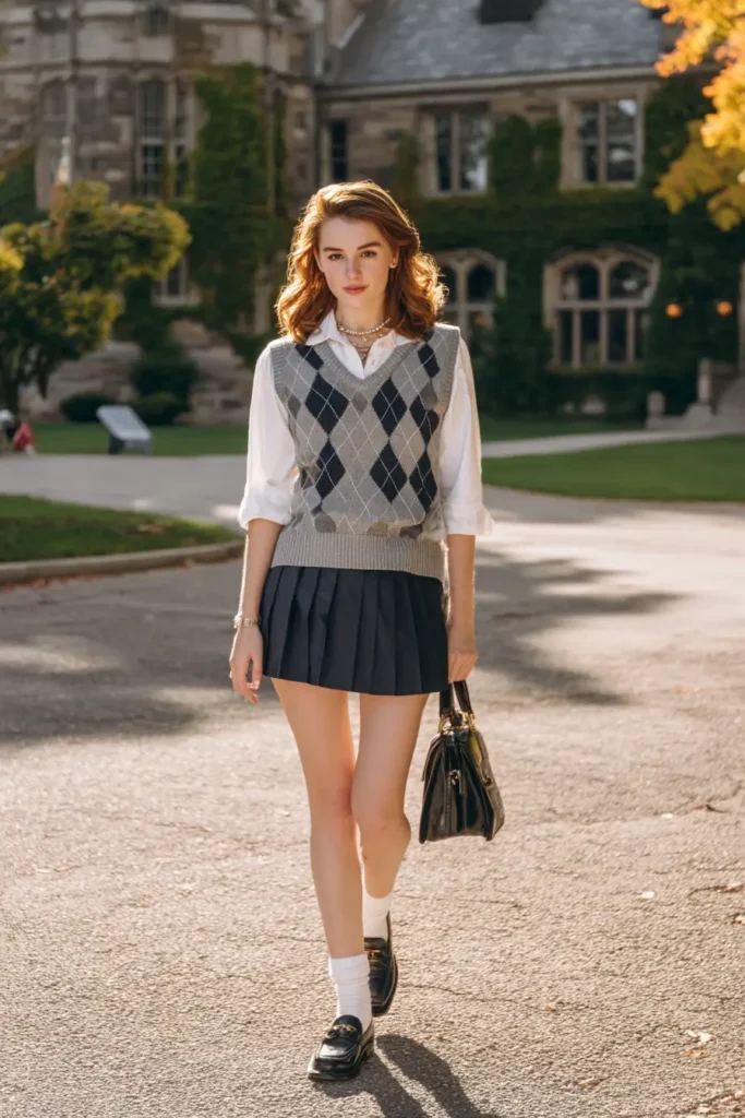 20 Preppy Outfit Ideas for a Polished Travel Wardrobe 19 #18. Argyle Sweater Vest and Pleated Skirt – Iconic Prep School Aesthetic Reimagined