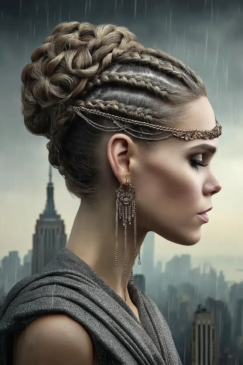 21 Sleek Rainy-Day Hairstyles: Easy Ways to Tame the Frizz 19 #18. Braided High Crown with Chain Headpiece