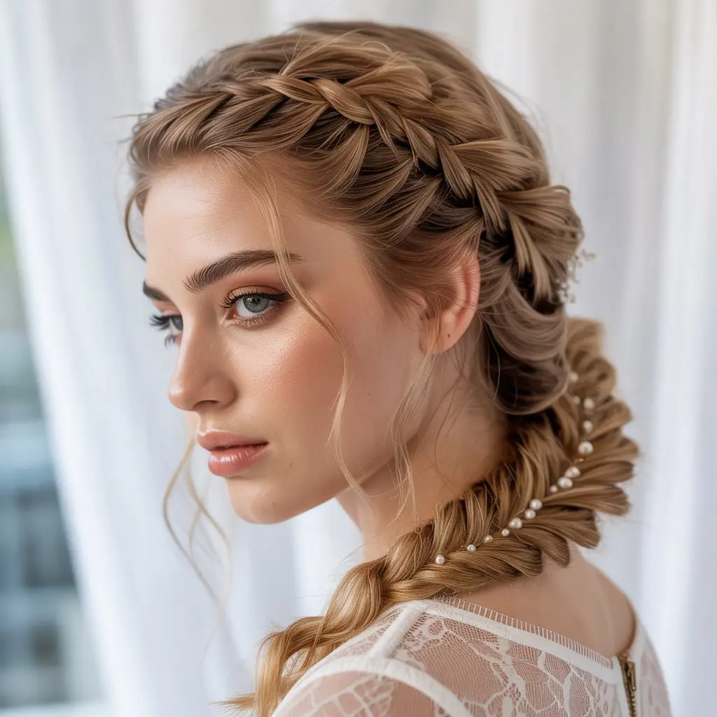 19 Clever Hairstyles For Greasy Hair: Quick Fixes That Still Look Fresh 19 #18. Double Dutch Crown with Pearl-Wrapped Fishtail