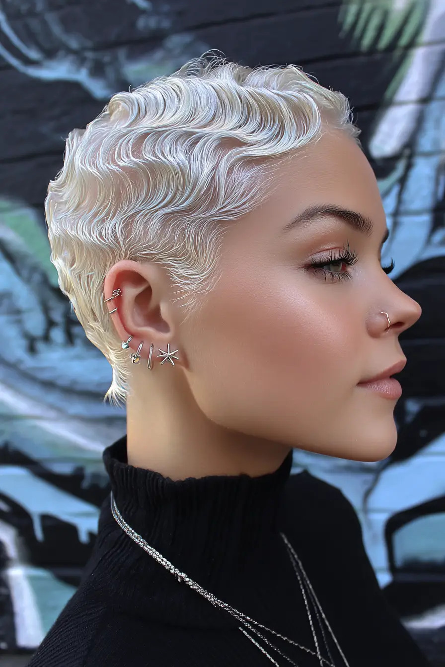 22 Bold Platinum Blonde Bob Hairstyles: Fresh and Fierce Ideas for a Standout Look 19 #18. Glossy Platinum Finger Waves on a Tapered Pixie