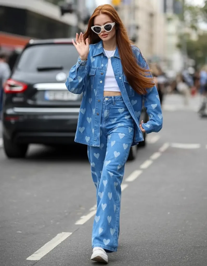#18. Heart-Print Denim Set with Crop Top and Retro Shades