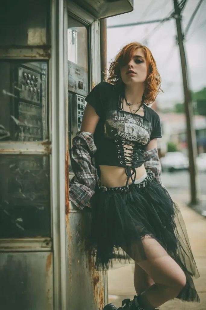 #18. Lace-Up Band Tee with Tulle Mini Skirt and Flannel Accent