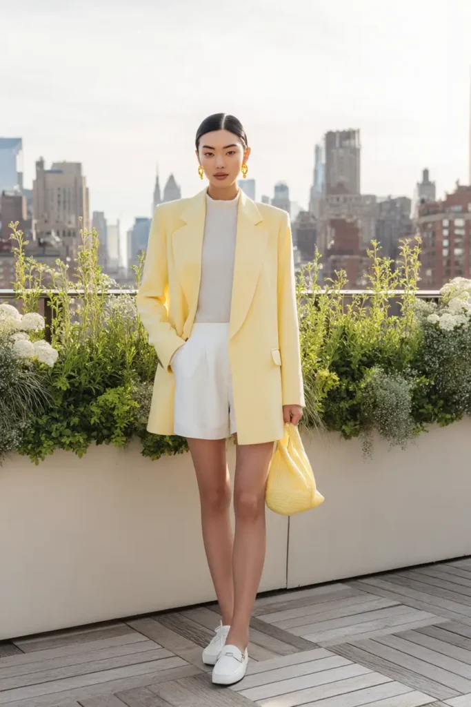 #18. Lemon Yellow Oversized Blazer with White Shorts and Loafers