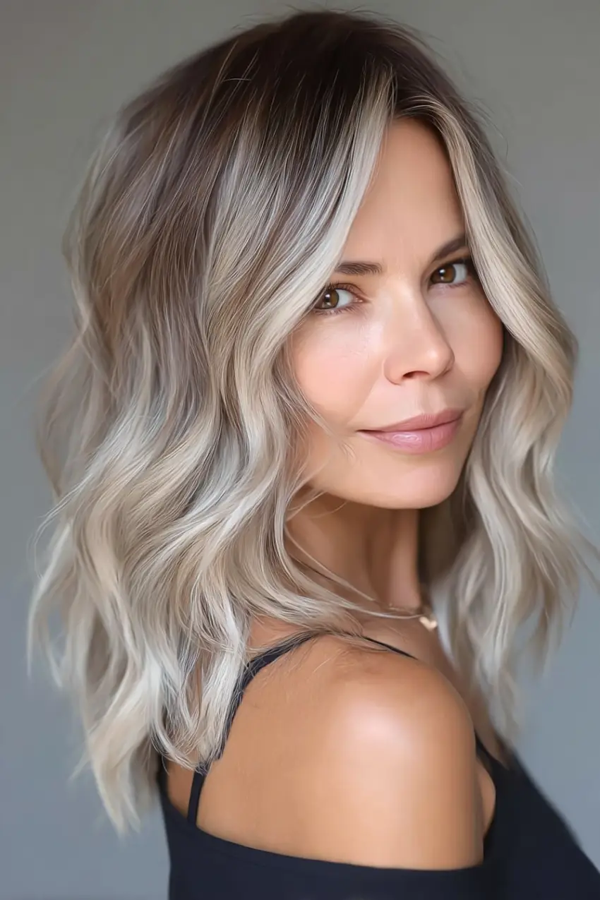 24 Striking Brown Hair with Silver Highlights Ideas: Sophisticated Looks to Refresh Your Style 19 #18. Rooted Pearl Blonde Waves with Ash Brown Depth