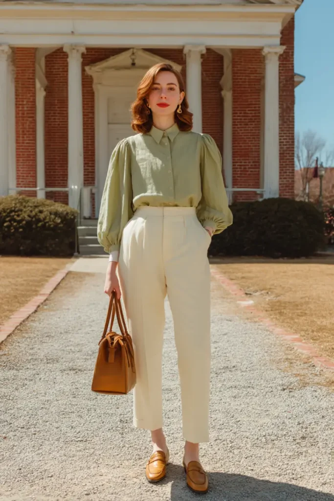 20 Graceful Church Outfit Ideas: Chic and Respectful Styles to Inspire 19 #18. Sage Blouse with Cream Trousers – Tailored Clarity for Elevated Sunday Style