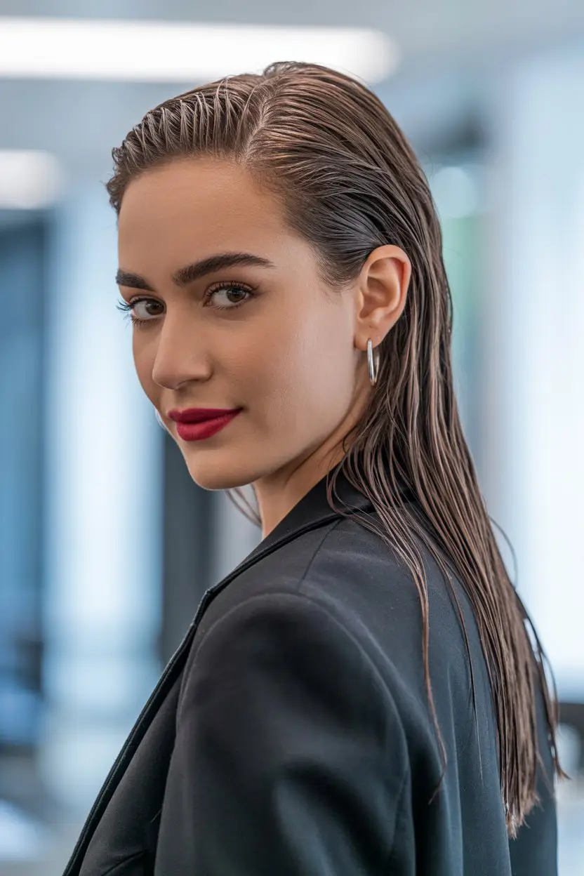 19 Polished Office Hairstyles: Sleek Looks That Mean Business 19 #18. The Office-Approved Wet Look