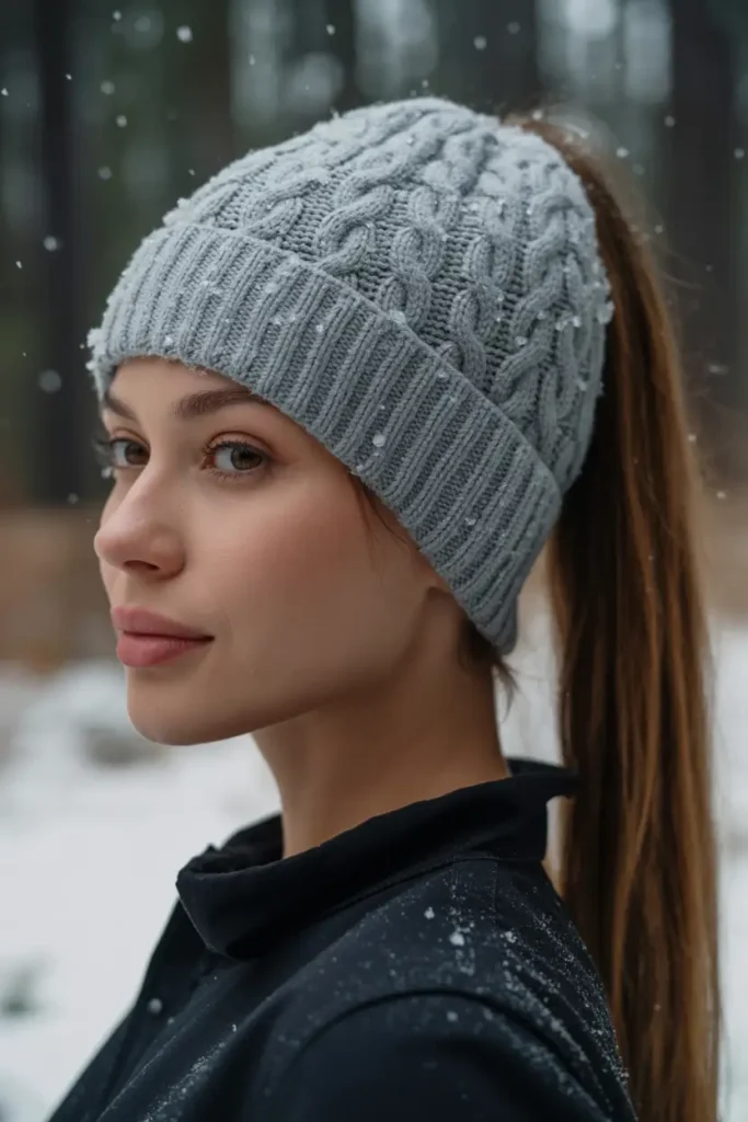 20 Chic Beanie Hairstyles: Fashionable Pairings for Cold-Weather Days 19 #18.Snowy Sleek Ponytail with Cable-Knit Beanie