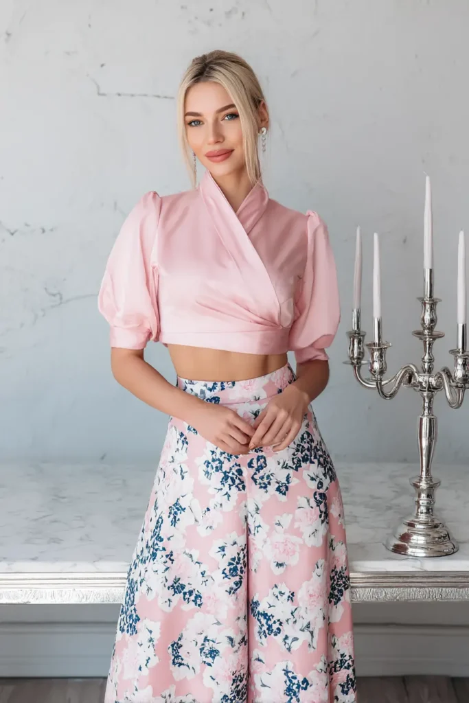 #19. Blush Satin Wrap Top with Wide-Leg Floral Trousers