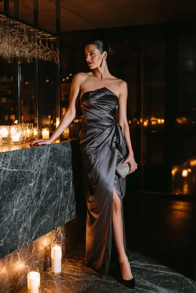 #19. Charcoal Satin Strapless Gown with Crystal Clutch