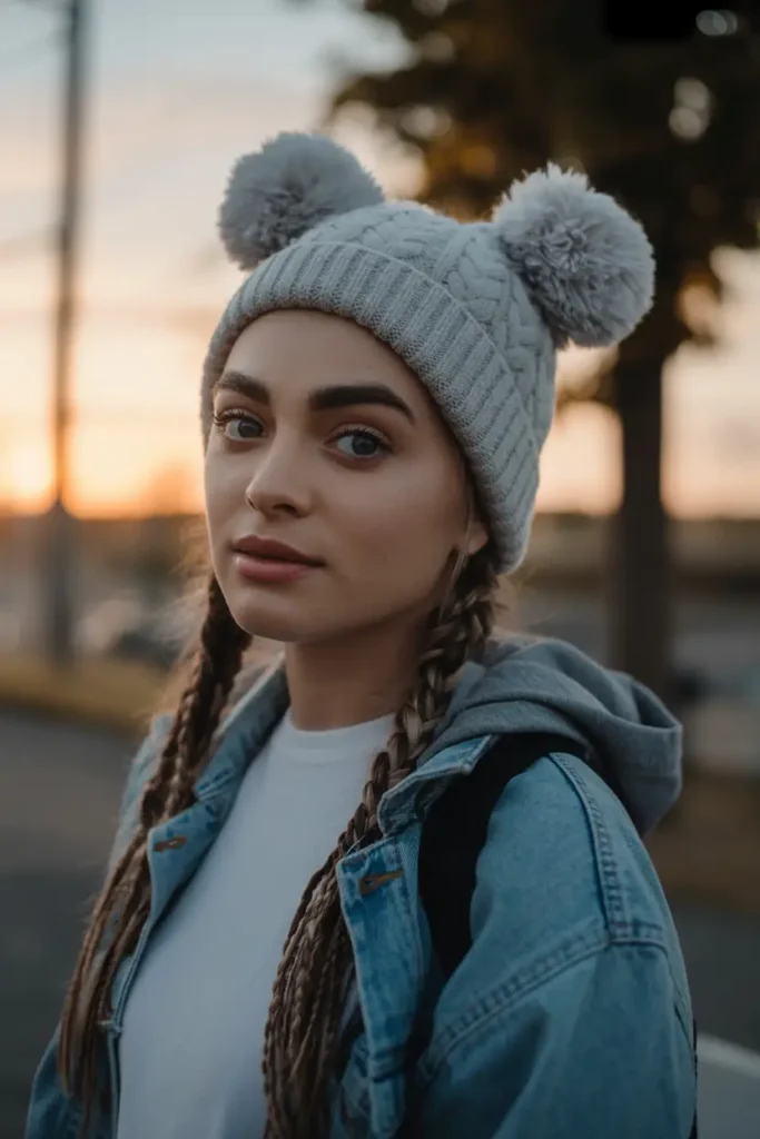 20 Chic Beanie Hairstyles: Fashionable Pairings for Cold-Weather Days 20 #19. Double Braids with Playful Pom-Pom Beanie