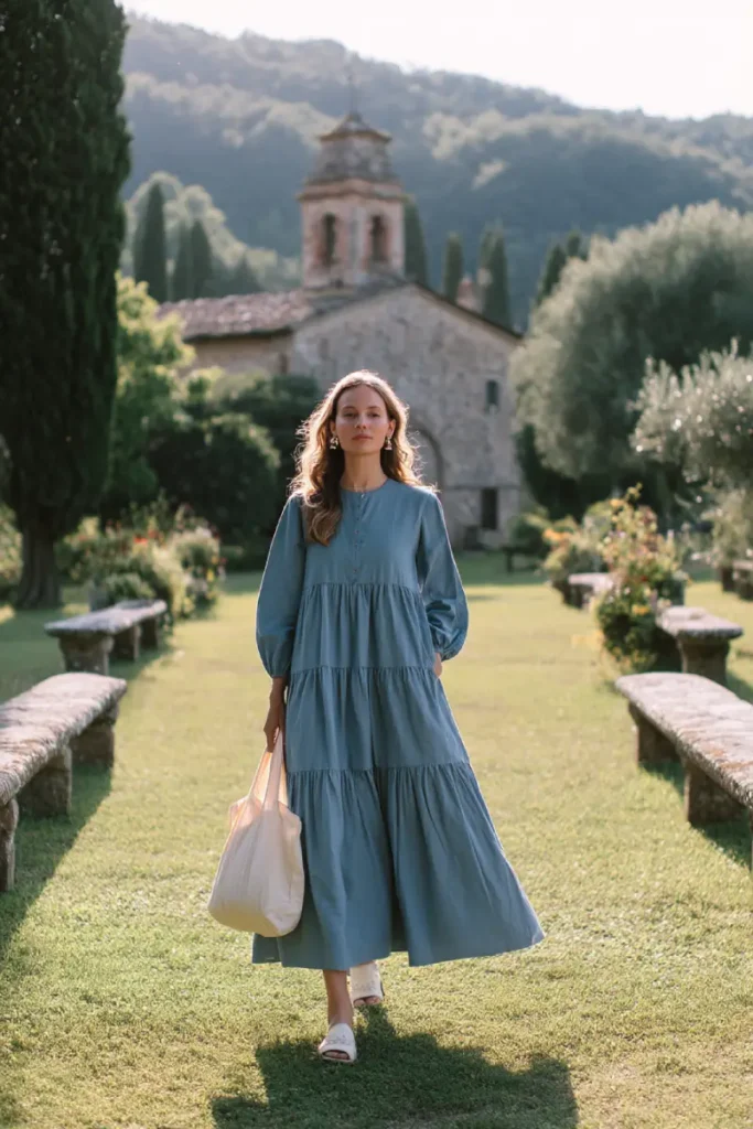 20 Graceful Church Outfit Ideas: Chic and Respectful Styles to Inspire 20 #19. Dusty Blue Tiered Maxi – Effortless Ease for Tranquil Church Settings