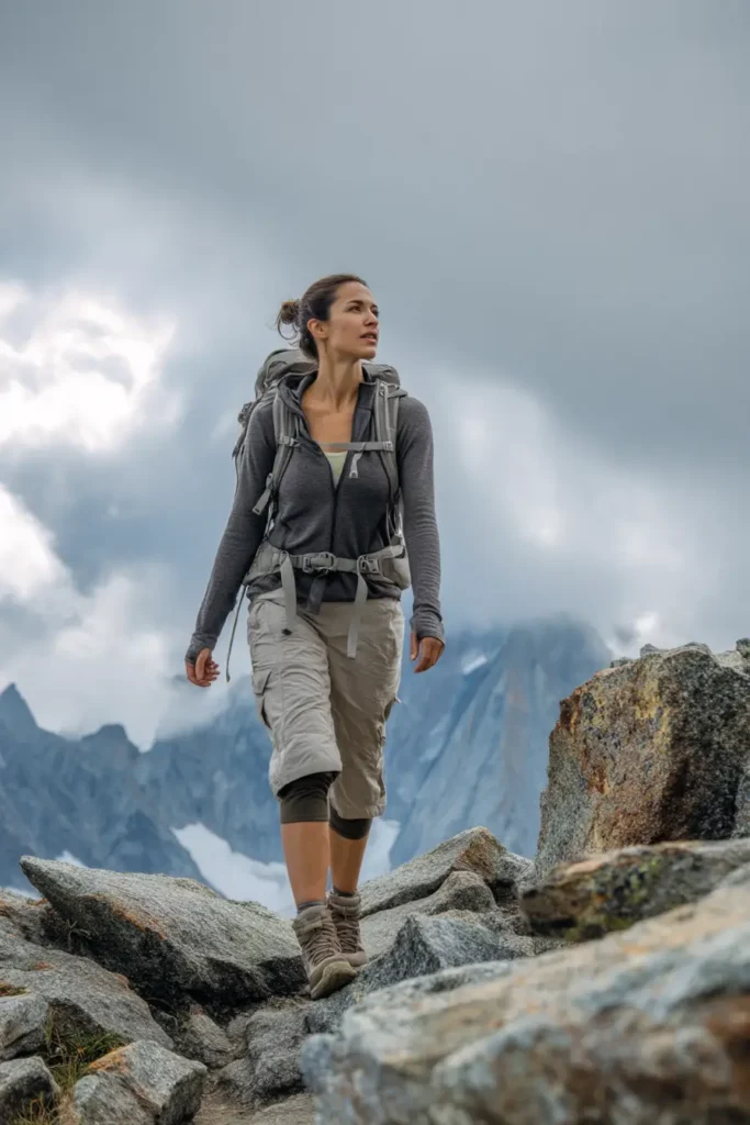 #19. Layered Zip Hoodie with Convertible Hiking Pants and Rugged Backpack
