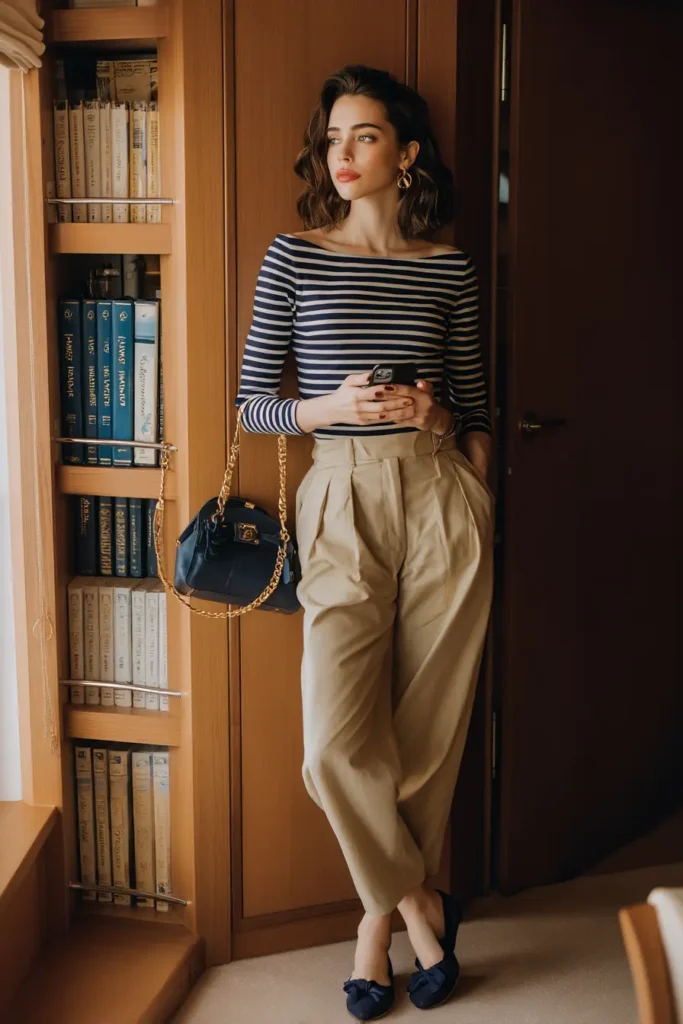 #19. Navy Striped Boatneck Top with Pleated Khaki Trousers and Bow Flats